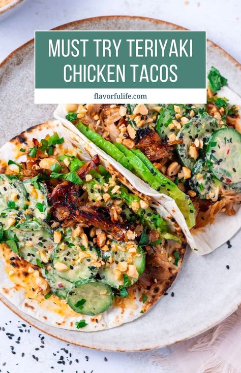 Try these creamy cucumber and avocado teriyaki chicken tacos for a twist this taco tuesday! A creamy sesame cucumber ‘slaw’ of sorts piled on top of sweet chili teriyaki chicken? IT WORKS. And is so good. Let's make these teriyaki chicken tacos together! Shredded Chicken Teriyaki, Teriyaki Tacos, Teriyaki Chicken Tacos, Teriyaki Recipes, Teriyaki Recipe, Shredded Chicken Tacos, Chicken Teriyaki Recipe, Chicken Taco Recipes, Creamy Cucumbers