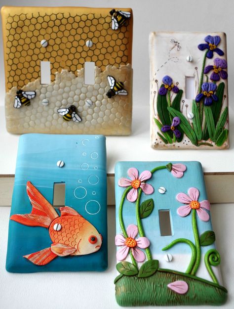 "Let there Bee Light," Irises, Koi, and Pink flowers light switch plates | by melissa_terlizzi Light Switch Covers Diy, Fimo Diy, Diy Fimo, Hantverk Diy, Clay Box, Polymer Clay Tutorials, Fimo Polymer Clay, Polymer Clay Diy, Polymer Crafts