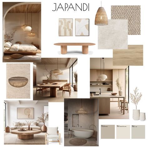 Japandi Mood Board Japandi Salon Design, Japandi Interiors With Color, Small Apartment Mood Board, Light Wood Mood Board, Mid Century Mood Board Interior Design, Japandi Style Moodboard, Japandi Board, Japandi Material Board, Japandi Mood Board Interior Design