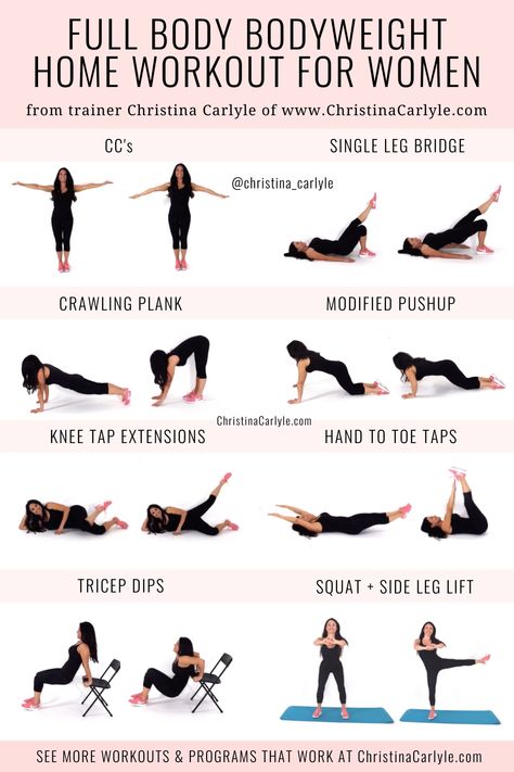 The Best Bodyweight workout for women from trainer Christina Carlyle. Made with 8 of the best bodyweight exercises, this quick bodyweight workout is quick, full body workout burns fat without equipment. https://christinacarlyle.com/bodyweight-workout/ Full Body Bodyweight Workout, Bodyweight Workout Routine, Workout Instructions, Best Body Weight Exercises, Holistic Fitness, Workout For Women, Intense Workout, Weights Workout, Body Workout