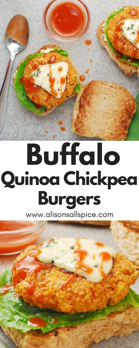 Buffalo Quinoa, Vegetarian Buffalo, Vegetarian Burger Recipe, Quinoa Veggie Burger, Veggie Burger Recipe, Chickpea Recipe, Buffalo Chickpea, Chickpea Burgers, Recipe Quinoa