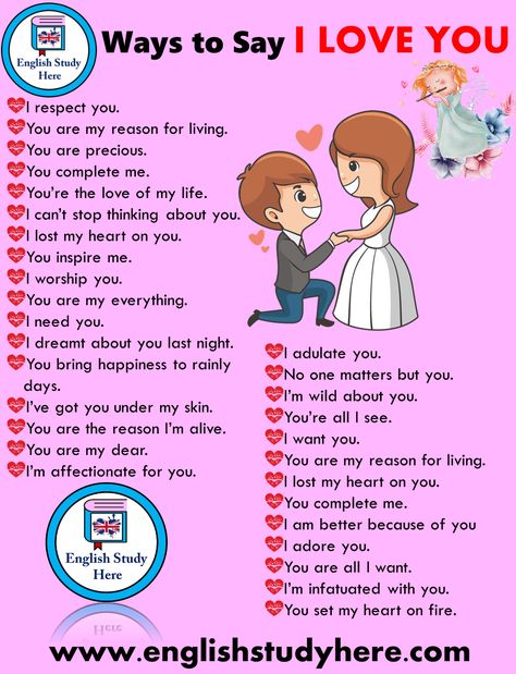 30 Different Ways to Say I LOVE YOU in English - English Study Here अंग्रेजी व्याकरण, Tatabahasa Inggeris, Materi Bahasa Inggris, English Collocations, English Learning Spoken, Conversational English, English Vocab, English Verbs, Learn English Grammar