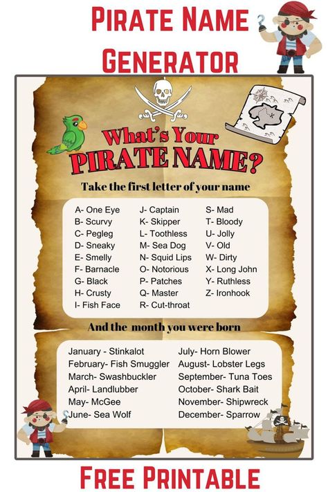 Use our funny Pirate Name Generator to find your new pirate crew name! What's your pirate name? Great icebreaker for pirate birthday parties! What Is Your Pirate Name Free Printable, What's Your Pirate Name, What's Your Pirate Name Free Printable, Pirate Names Generator, Whats Your Pirate Name, What Is Your Pirate Name, Pirate Name Generator, Pirate Name, Pirate Words