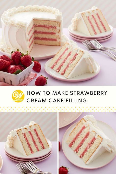 Elevate your cakes and cupcakes with this easy to make, delicious strawberry cream cake filling. Made with thawed frozen strawberries, this strawberry cream cake filling gives your favorite chocolate, lemon and vanilla cakes and cupcakes a sweet surprise! #wiltoncakes #baking #decorating #strawberry #cream #cakefilling #cake #cupcakes #howto #filling #recipe Strawberry Moose For Cake Filling, Marble Cake With Strawberry Filling, Strawberry And Cream Cake Filling, Vanilla Cake With Strawberry Filling And Cream Cheese Frosting, Wedding Cake With Strawberry Filling, White Cake With Strawberry Frosting, Strawberry Vanilla Cake Decoration, Strawberry Mousse Filling For Cake, Strawberry Ganache Cake