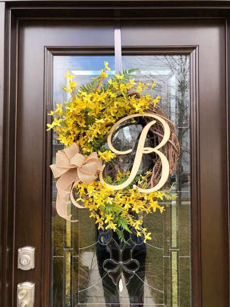 Forsythia Wreath, Hello Sign, Wreath Base, Hydrangea Wreath, Burlap Ribbon, Spring Is Here, Spring Wreath, Grapevine Wreath, Fall Wreath