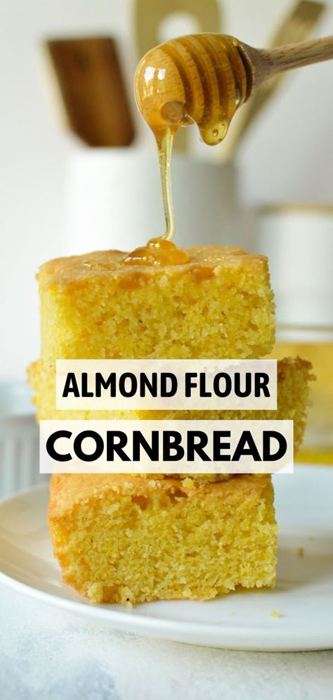 a stack of gluten free cornbread Cornbread With Cornmeal, Almond Flour Cornbread, Gluten Free Cornbread Muffins, Gluten Free Cornbread Recipe, Using Almond Flour, Cornmeal Recipes, Easy Cornbread Recipe, Almond Flour Muffins, Almond Flour Bread