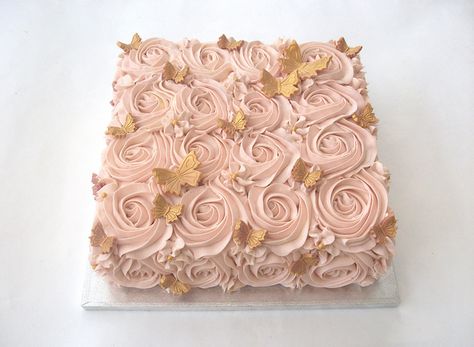 Rose Gold Swirl Butterfly Cake Rose Gold Sheet Cake, Simple Square Birthday Cake, Square Cake Designs Birthday Women, Gold Sheet Cake, Square Cake Designs, Gold Butterfly Cake, Fondant Butterflies, Square Birthday Cake, Square Cake Design