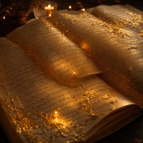 An enchanted codex lies open, its calligraphy illuminated by the golden hues of candlelight. Captured on a Hasselblad X1D II 50C, the medium-format lens at 65mm f/2.8 renders the scene with a painterly quality, the warm bokeh of the candlelight creating a soft, ethereal backdrop. The well-executed chiaroscuro technique imbues the scene with depth, highlighting the raised gilding on the book’s pages and invoking a feeling of reverence for the arcane arts. Golden Books Aesthetic, Ethereal Book Aesthetic, The Plated Prisoner Series Aesthetic, Enchanted Book Aesthetic, Golden Witch Aesthetic, Golden Cage Aesthetic, Golden Fantasy Aesthetic, Gold Book Aesthetic, Soft Golden Aesthetic