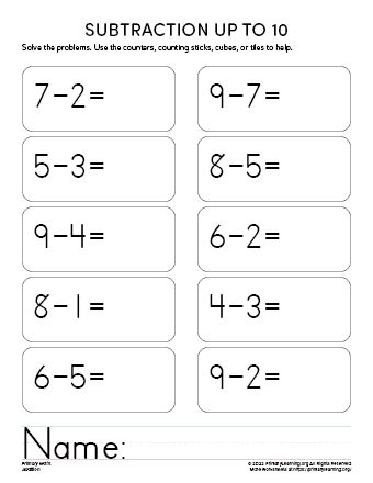 This worksheet features single-digit subtraction within ten. This worksheet allows kindergarten students to use the strategy of their choice to solve these horizontal subtraction problems. Recommended Workbook Subtraction Facts To 10 With this worksbook kindergarten kids practice subtraction facts to 10. No-prep activity sheets that Problem Solving Activities For Kids, Subtraction For Kindergarten, Subtraction Worksheets For Kindergarten, Single Digit Subtraction, Simple Subtraction, 2 Digit Subtraction, Easy Math Worksheets, Subtraction Activity, Subtraction Within 10