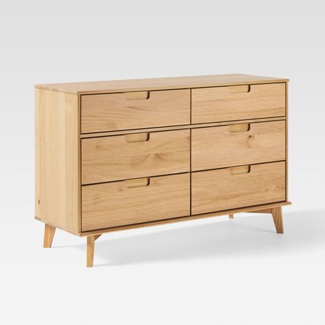 Complete your bedroom setup with the Mid-Century Modern Groove Wood 6-Drawer Dresser from Saracina Home. With six spacious drawers, this dresser provides plenty of room to organize clothing and accessories. Unique cutout handles and angled legs add to the mid-century modern aesthetic. The chest of drawers’ responsibly sourced, solid pine wood construction makes any setting feel welcoming. Overall Product Dimensions: Height: 32” 7/8 (83.43cm) Width: 52" (131.80cm) Depth: 19" (48.00cm) Drawer Face Wood 6 Drawer Dresser, Home Mid Century Modern, Organize Clothing, Dresser Natural, Home Mid Century, Bedroom Cabinet, Affordable Bedroom, Girl Apartment, Mid Century Modern Aesthetic