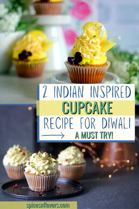 Indian Inspired Desserts, Diwali Baking Ideas, Indian Cupcakes, Diwali Cupcakes, Indian Fusion Desserts, Sweet Meat Recipe, Diwali Inspiration, Flavour Combinations, Diwali Recipes