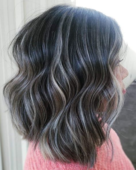 IG @brittanyscissorhandsharris #balayage #highlighteddarkhair #ashyhighlights #silverhighlights #blackandsilverhair Grey Balayage, Gray Balayage, Blonde Highlights On Dark Hair, Grey Hair Transformation, Grey Hair Inspiration, Gray Hair Growing Out, Dark Hair With Highlights, Blending Gray Hair, Gray Hair Highlights