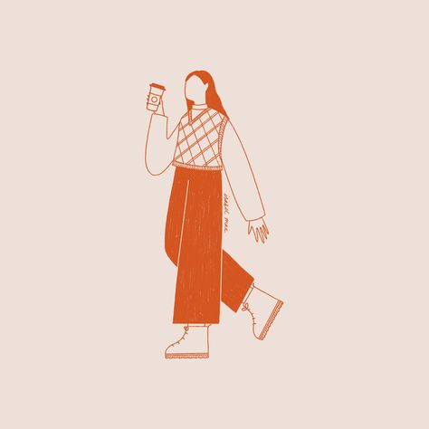 Monochrome illustration of girl walking with a pumpkin spiced latte Minimalist People Drawing, Minimal Character Illustration, Woman Standing Illustration, Person Walking Illustration, Single Color Illustration, Line Character Illustration, Procreate Person Drawing, Simple Illustration Art Doodles, Person Illustration Simple