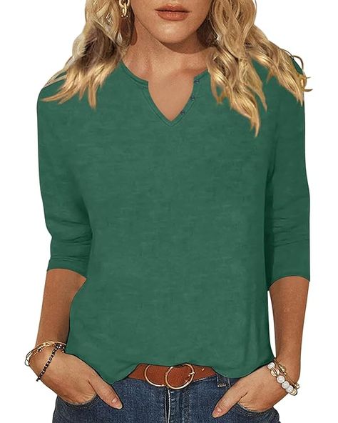 Woffccrd Womens Casual 3/4 Sleeve T-Shirts Button V Neck Summer Tunic Tops Loose Fit Shirts Solid Basic Tops at Amazon Women’s Clothing store Tunics For Women Classy Casual, Tunics For Women Classy, Summer Tunic Tops, Nature Workout, Fitted Tunic Tops, Tunic Tops Summer, Summer Tunic, Button Shirts, Loose Fit Blouse