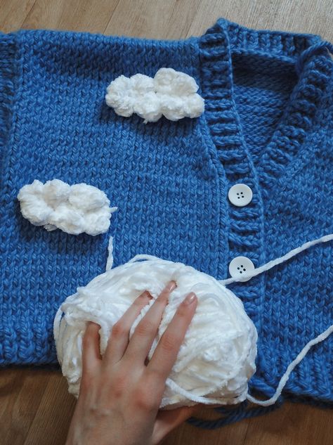 Crochet Cloud Cardigan, Cloud Cardigan, Crochet Sweater Design, Crochet Fairy, Hand Embroidery Tutorial, Crochet Basket Pattern, Sweater Crochet, Blue Cardigan, Embroidered Clothes