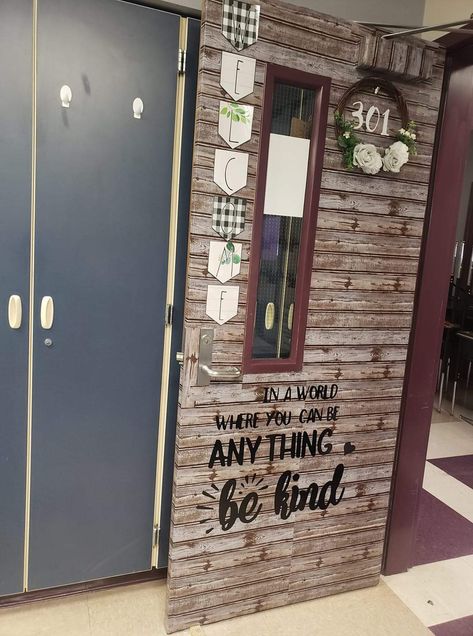 Natural Classroom Door Display, Decorate High School Classroom, Classroom Door Farmhouse, High School Classroom Door Decorations, Neutral Classroom Door Decor, Cover Chalkboard In Classroom, Motivational Classroom Doors, Iss Classroom Setup, Classroom Door Ideas Boho