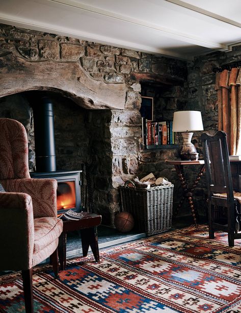 Hall: This was the kitchen of the original house, with an Aga where the wood-burning stove now stands. Cottage Fireplace, Stone Cottages, Casa Country, Country Cottage Decor, Homes Interior, Cottage Living Rooms, Cottage Interior, Cottage In The Woods, Dream Cottage