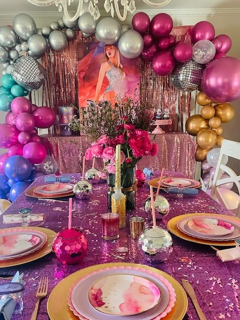 Epic Taylor Swift Birthday Party - Sarah Sofia Productions Taylor Swift Fearless Party, Taylor Swift Aesthetic Party, Taylor Swift New Years Eve Party, Taylor Swift Parties, Taylor Swift Tablescape, Eras Theme Party, Taylor Swift 15 Birthday Ideas, Taylor Swift Table Decor, Eras Your Birthday Party