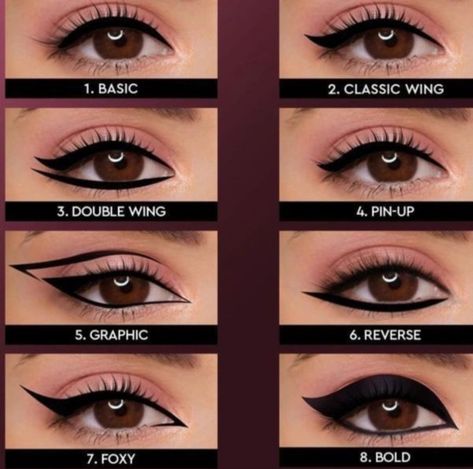 Different Types Of Eyeliner, Classic Winged Eyeliner, Type Of Eyeliner, Eyeliner For Eye Shape, Types Of Eyeliner, Different Eyeliner Styles, Eyeliner Types, Eyeliner Guide, Winged Eyeliner Makeup