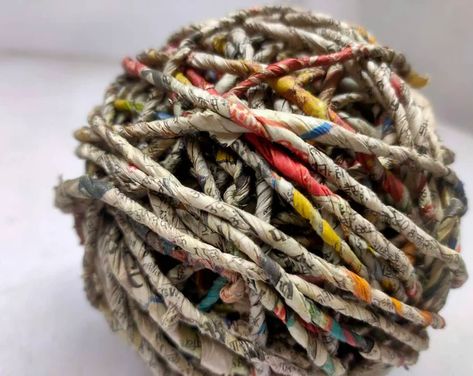 Newspaper yarn | Etsy ES Stitch Pots, Yarn Packaging, Indian Newspaper, Recycled Sari Silk Yarn, Newspaper Weaving, Newspaper Wrapping, Macrame Leaves, Cruella Costume, Yarn Collection