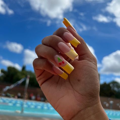 Summer yellow french tips with an accent cherry Yellow French Tips, Yellow French, Summer Yellow, French Tips, Nail Inspo, Cherry, Nails, Yellow