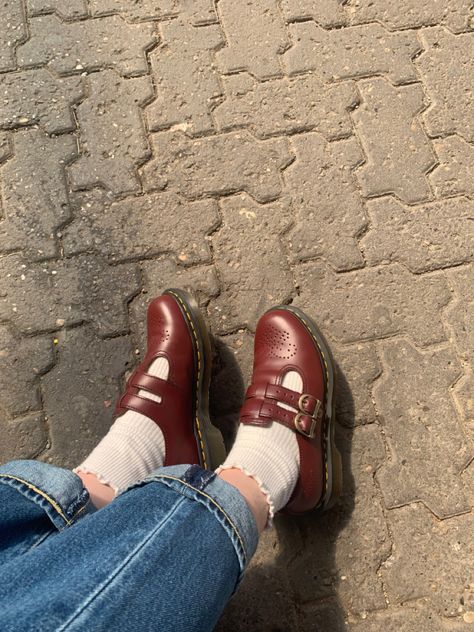 Aesthetic Red Shoes, Red Doc Martens Mary Janes, Brown Mary Janes Outfit, Red Doc Martens Outfit, Cherry Red Docs, Red Mary Janes Outfit, Doc Martens Mary Janes Outfit, Dr Marten Mary Janes, Mary Jane Shoes Red