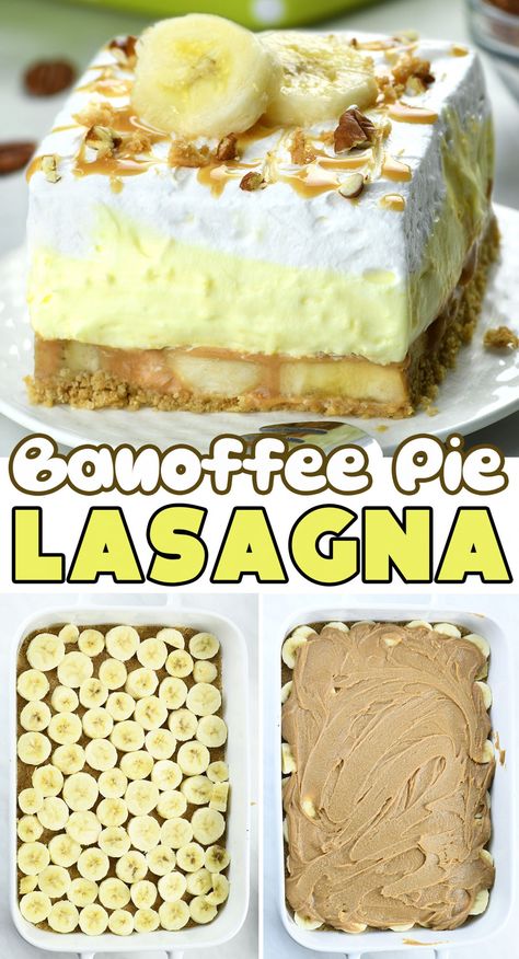 Sharable Desserts Easy, Caramel Toffee Recipe, Lasagna Desserts, Dessert Lasagna, Orange Food, Layered Dessert, Caramel Filling, Banana Dessert Recipes, Banana Slices