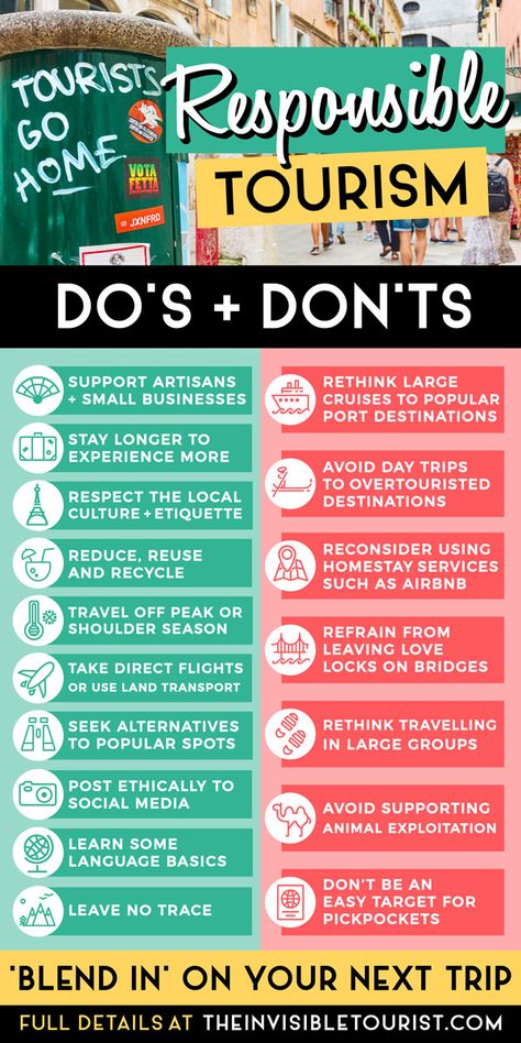 What is a responsible tourist? How to be a responsible traveller? These effective tips for travelling responsibly will improve your experiences and benefit local communities. With these new rules for responsible tourism you'll learn how to incorporate sustainable travel into your next trip, do's and don'ts, things to avoid and more to better What Is Tourism, Travel Tips And Tricks, Eco Tourism, Tourism Management, Ethical Travel, Responsible Tourism, Solo Travel Tips, Travel Content, Itinerary Planning