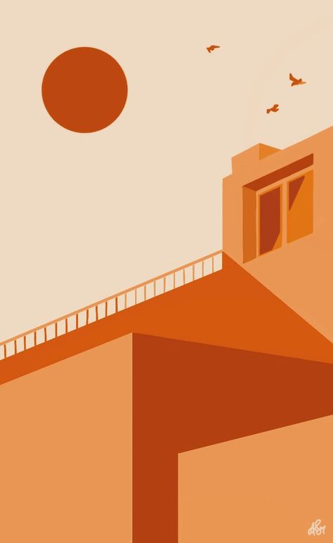 Retro Portfolio Design, Monochromatic Graphic Design, Monochromatic Painting Ideas, Orange Architecture, Architecture Photoshop, Monochromatic Illustration, Monochromatic Artwork, Simple Architecture, Monochromatic Painting