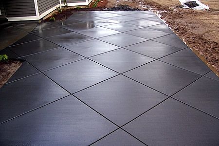 Black Stamped Concrete, Black Driveway, Dyed Concrete, Concrete Pattern, Concrete Patio Designs, Black Concrete, Concrete Patios, House Pattern, Porch Floor