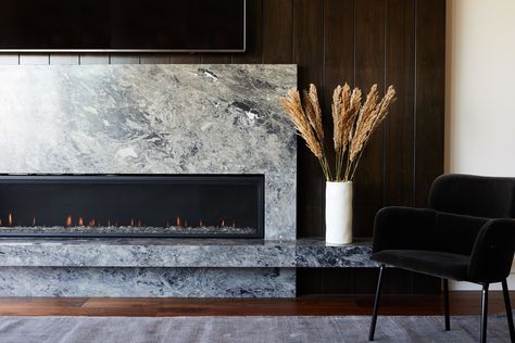 Spanish Inspired Home, Stone Fireplace Surround, Marble Fireplace Surround, Linear Fireplace, Dark Hardwood, Warm Palette, Simple Interior, Wood Fireplace, Marble Fireplaces