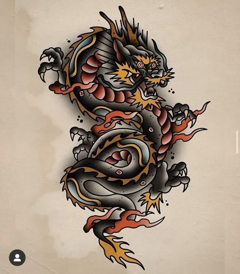 Traditional Tattoo Art Dragon, Old School Dragon Tattoo Designs, Dragon Tattoo Traditional Old School, Neo Traditional Tattoos Dragon, Traditional And Realism Tattoo, Traditional Dragon Tattoo Design, Neo Trad Dragon, Trad Dragon Tattoo, Old School Dragon Tattoo