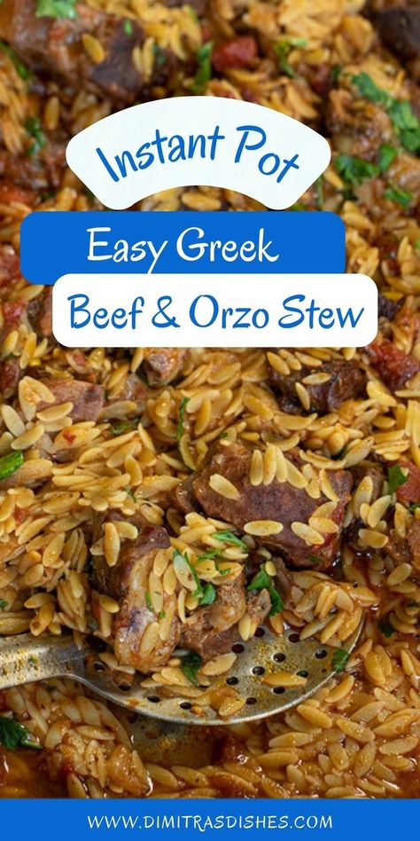 A Beef Youvetsi (Greek-style Beef and Orzo Stew) in under an hour with the Instant Pot! Orzo Creamy, Beef And Orzo, Beef Orzo, Greek Beef Stew, Delicious Beef Stew, Greek Beef, Instant Pot Stew, Actifry Recipes, Beef Recipe Instant Pot