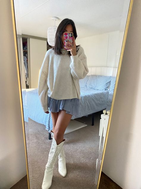 fall outfit: oversized cream sweater with blue flowy skirt and white cowgirl boots Skirt Sweater Cowboy Boots, Outfits With White Cowgirl Boots Winter, Sweater With Flowy Skirt, White Cow Boots Outfit, Cream Boots Outfit Summer, Fall White Boots Outfit, Coastal Cowgirl Outfit Winter, Tall Cream Boots Outfit, White Cowgirl Boots Outfit Fall