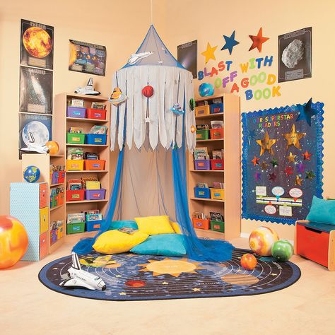 Space Reading Corner Idea - OrientalTrading.com Space Reading Corner, Book Corner Classroom, Preschool Reading Corner, Space Theme Classroom, Reading Corner Kids, Reading Corner Classroom, School Display, Reading Nook Kids, Class Dismissed