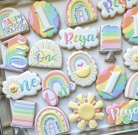 Rainbow Iced Cookies, Rainbow Birthday Cookies Decorated, Pastel Rainbow Cookies Decorated, Sunshine And Rainbow Cookies, Pastel Rainbow Birthday Cookies, Rainbow 1st Birthday Cookies, Rainbow Theme Cookies, Pastel Cookies Decorated, 1st Birthday Cookies Decorated