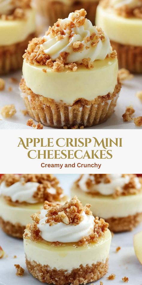 For a holiday celebration or a casual family dessert, these mini cheesecakes are sure to impress and satisfy!  Ingredients Crust: 1 cup graham cracker crumbs 3 tbsp sugar 4 tbsp melted butter Cheesecake Filling: 16 oz cream cheese (softened) 1/2 cup sugar 2 tsp vanilla extract 2 eggs Apple Topping: 2 apples (peeled, chopped) 2 tbsp sugar 1/2 tsp cinnamon 1/8 tsp nutmeg 1 tbsp butter 1 tbsp flour Crisp Topping: 1/4 cup flour 1/4 cup oats 1/4 cup brown sugar 1/2 tsp cinnamon 2 tbsp softened butter Apple Pie Mini Cheesecake, Premade Cheesecake Filling Recipes, Apple Cream Cheese Dessert, Apple Crisp Mini Cheesecake, Apple Crumb Cheesecake, Apple Crisp Mini, Mini Apple Cheesecake, Graham Cracker Cups, Apple Topping