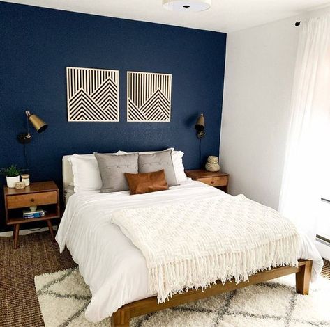 Navy Bedrooms, Blue Bedroom Walls, Navy Blue Bedrooms, Blue Bedroom Design, Blue Accent Walls, Blue Bedroom Decor, Accent Wall Bedroom, Blue Rooms, Blue Bedroom