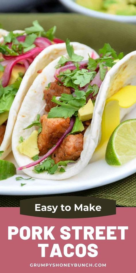 Easy to make with leftover pork tenderloing, Pork Street Tacos make a delicious lunch or the start to a Mexican style dinner! Get this pork recipe and more at Grumpy's Honeybunch Website. Easy Pork Tacos, Leftover Tenderloin, Mexican Style Dinner, Pork Street Tacos, Pork Tenderloin Tacos, Mexican Pork Recipes, Street Tacos Recipe, Street Taco Recipe, Mexican Pork