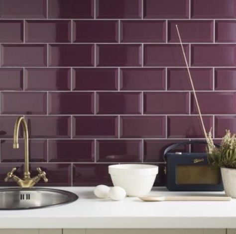 Plum Wall, Plum Walls, Bevelled Tiles, Purple Tile, Glam Kitchen, Plasterboard Wall, Topps Tiles, Purple Kitchen, Metro Tiles