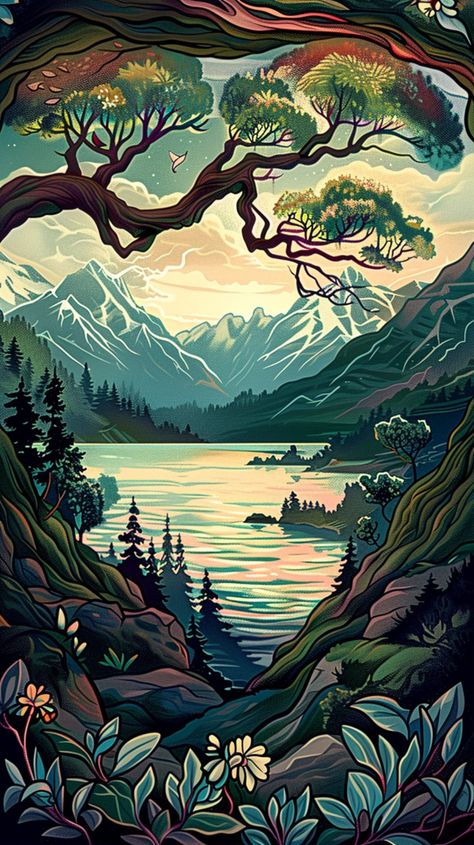 Immerse yourself in the beauty of nature with our collection of Art Nouveau landscape paintings. Each piece captures scenic and picturesque views of mountains, oceans, and forests, blending the elegance of Art Nouveau with the tranquility of the natural world.  Our high-definition artworks are perfect for adding a touch of serenity and sophistication to any space. Discover the harmonious blend of flowing lines, intricate details, and vibrant colors that bring these enchanting landscapes to life. Art Nouveau Landscape, Layered Landscape, Surrender To God, Art Gallery Wallpaper, Korean Art, Landscape Illustration, Fantasy Aesthetic, Japanese Prints, Mountain Landscape