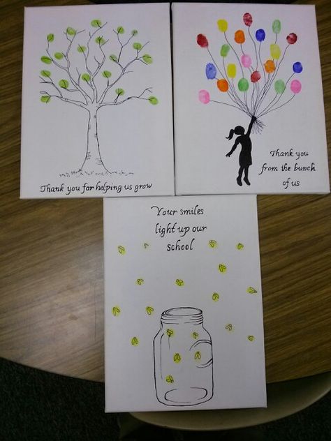 The gifts Mrs. Cudjoes's class made for our office secretaries, principal, and assistant principal. Sharpie, canvases, and stamp pads. Principal Appreciation Gifts, Goodbye Cards, Principal Appreciation, Fingerprint Art, Principal Gifts, Student Teacher Gifts, Farewell Cards, Goodbye Gifts, Teachers Diy