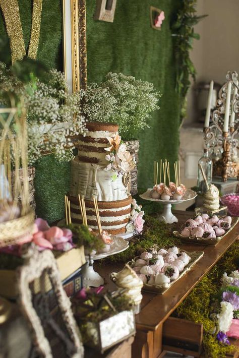 Enchanted Garden Birthday Party Ideas | Forest/ Garden theme party dessert table -Photo 1 of 11 | Catch My Party Woodland Baby Shower Theme Decorations, Woodland Baby Shower Theme Boy, Enchanted Forest Baby Shower, Enchanted Forest Birthday, Forest Birthday Party, Enchanted Forest Party, Fairy Theme Party, Fairy Food, Fairy Garden Birthday Party