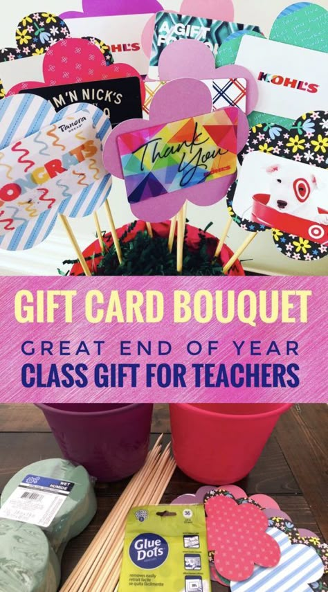 Teacher Gift Card Bouquet  - Great gift idea for teacher appreciation or end of year class gift. #teachergifts #teacherappreciation #teacherappreciationgifts #endoftheyear #endofyearteachergifts #giftcards Teacher Gift Card Bouquet, Basket Raffle, Gift Card Tree, Gift Card Basket, Card Bouquet, Teacher Appreciation Gift Card, Gift Card Displays, Gift Card Bouquet, Gift Card Presentation