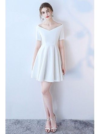 White Off Shoulder Simple Short Homecoming Dress with Sleeves Homecoming Dress With Sleeves, Simple Cocktail Dress, Trendy Cocktail Dresses, Grad Dresses Short, Formal Occasion Dress, Long Formal Gowns, White Homecoming Dresses, Long Cocktail Dress, Off White Dresses