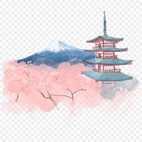 Japan Png Aesthetic, Mount Fuji Watercolor, Mount Fuji Sakura, Sakura Watercolor, Gunung Fuji, Japan Mount Fuji, Page Background Design, Mountains Vector, Japan Watercolor