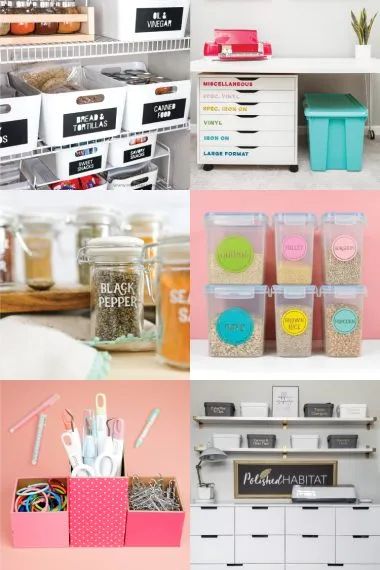 Hey, Let's Make Stuff Cricut Organization Ideas, Cricut Organization, Modern Pantry Labels, Vinyl Pantry Labels, Cricut Storage, Diy Drawer Dividers, Shoe Holder, Diy Storage Bench, Spice Jar Labels