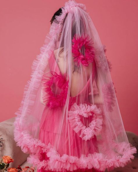 Madison Chamberlain on Instagram: “The Madonna Heart Ruffle veil in all her glory styled with my “Pretty in Pink” Gown💖💖💖�💖 available on my website or custom order if…” Madison Chamberlain, Styled Photo Shoots, Unique Veil, Color Veil, Art Fashion Illustration, Pink Veil, Illustration Architecture, The Madonna, Barbie Wedding