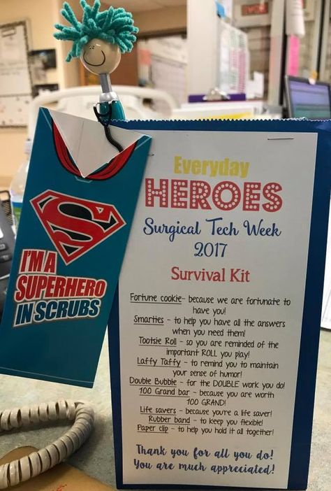 Superhero in Scrubs - Survival Kit (Submitted by Cassandra Thorn Martin.) Superhero Survival Kit, Cst Week Gift Ideas, Surgical Tech Week Gifts, Surgical Tech Gifts Ideas, Surgical Technologist Week Gifts, Scrub Tech Week Ideas, Surgical Tech Week Ideas, Scrub Tech Week Gifts, Surgical Tech Week Gift Ideas