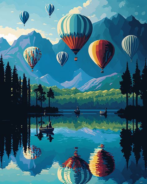 hot-air balloons, lake view reflexion, paint by number, AI Ballon Art Painting, Hot Air Balloon Artwork, Air Baloons Paintings, Hot Air Balloons Painting, Hot Air Ballon Drawings, Hot Air Balloon Acrylic Painting, Retro Acrylic Painting, Painting Hot Air Balloon, Ballon Painting